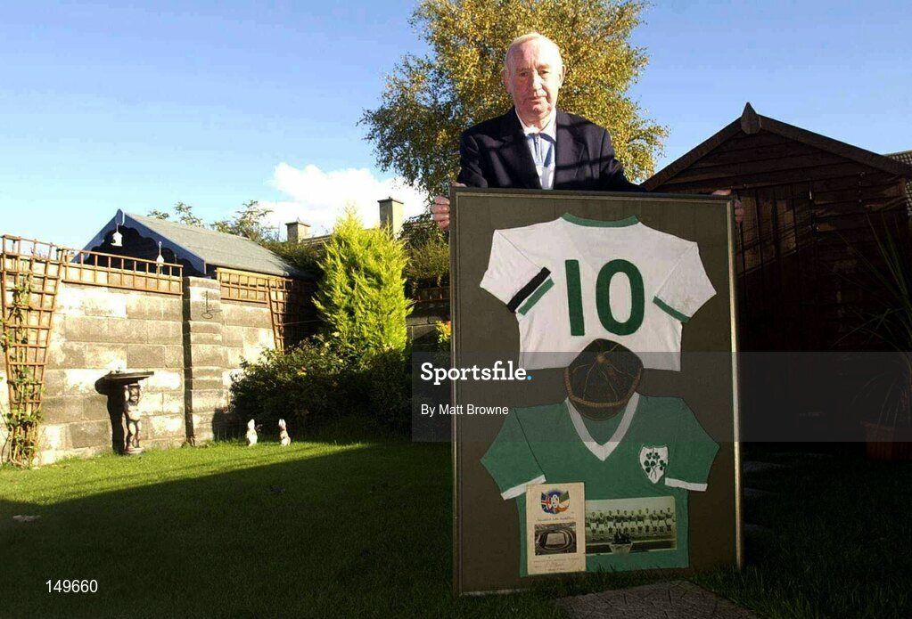 23 October 2003; Former St. Patrick's Athletic and Irish "B" International Paddy O'Rourke pictured with his jersey's from the games against Iceland and South Africa in 1958; Matt Browne / SPORTSFILE