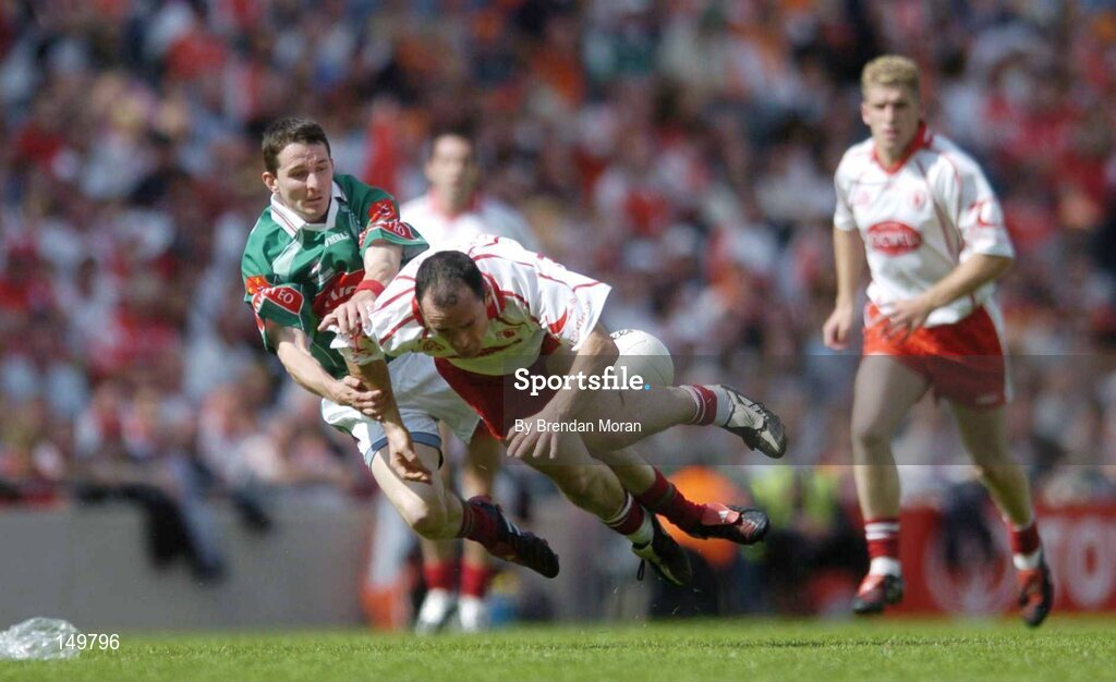 7 August 2004; Brian Dooher, Tyrone, in action against Peadar Gardiner, Mayo. Bank of Ireland All-Ireland Senior Football Championship Quarter Final, Mayo v Tyrone, Croke Park, Dublin. Picture credit; Brendan Moran / SPORTSFILE