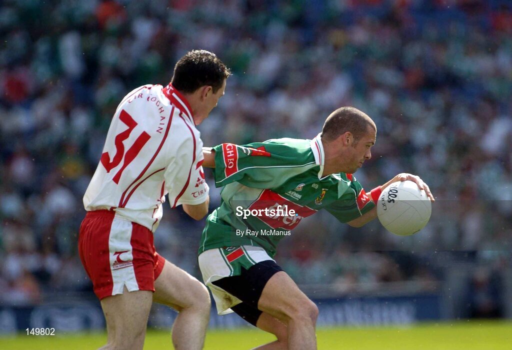 7 August 2004; Trevor Mortimer, Mayo, in action against Conor Gormley, Tyrone. Bank of Ireland All-Ireland Senior Football Championship Quarter Final, Mayo v Tyrone, Croke Park, Dublin. Picture credit; Ray McManus / SPORTSFILE