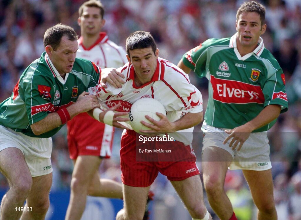 7 August 2004; Ciaran Gourley, Tyrone, in action against Fergal Costello and James Gill, Mayo. Bank of Ireland All-Ireland Senior Football Championship Quarter Final, Mayo v Tyrone, Croke Park, Dublin. Picture credit; Ray McManus / SPORTSFILE