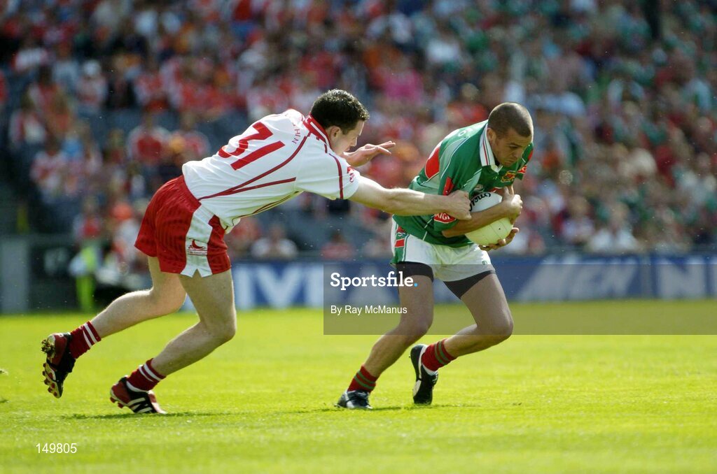 7 August 2004; Trevor Mortimer, Mayo, in action against Conor Gormley, Tyrone. Bank of Ireland All-Ireland Senior Football Championship Quarter Final, Mayo v Tyrone, Croke Park, Dublin. Picture credit; Ray McManus / SPORTSFILE