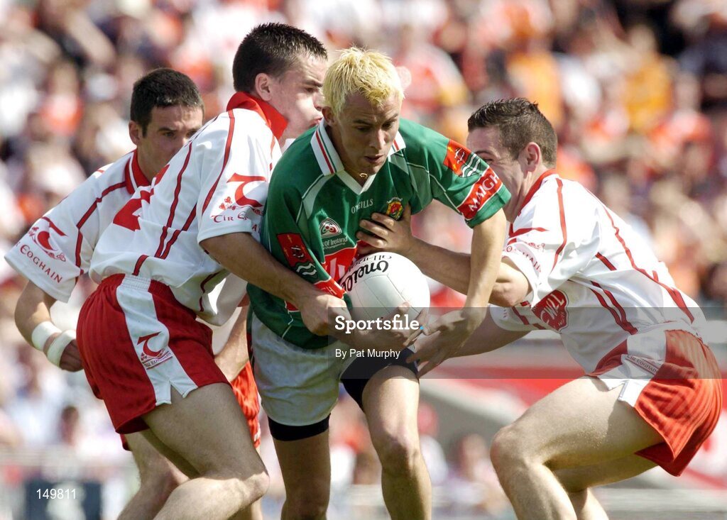7 August 2004; Conor Mortimer, Mayo, in action against Ryan McMenamin, left, and Michael McGee, Tyrone. Bank of Ireland All-Ireland Senior Football Championship Quarter Final, Mayo v Tyrone, Croke Park, Dublin. Picture credit; Pat Murphy / SPORTSFILE