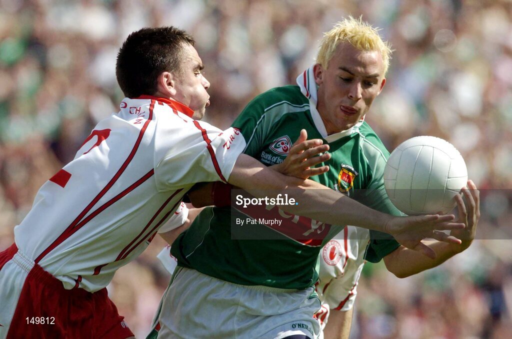 7 August 2004; Conor Mortimer, Mayo, in action against Ryan McMenamin, Tyrone. Bank of Ireland All-Ireland Senior Football Championship Quarter Final, Mayo v Tyrone, Croke Park, Dublin. Picture credit; Pat Murphy / SPORTSFILE