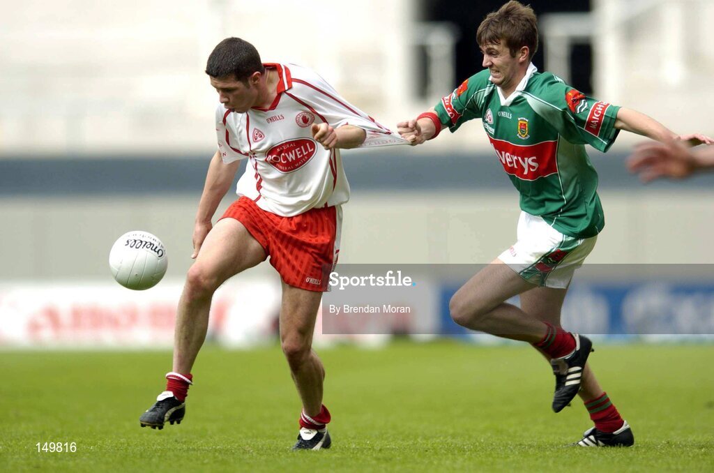 7 August 2004; Sean Cavanagh, Tyrone, in action against Ronan McGarrity, Mayo. Bank of Ireland All-Ireland Senior Football Championship Quarter Final, Mayo v Tyrone, Croke Park, Dublin. Picture credit; Brendan Moran / SPORTSFILE