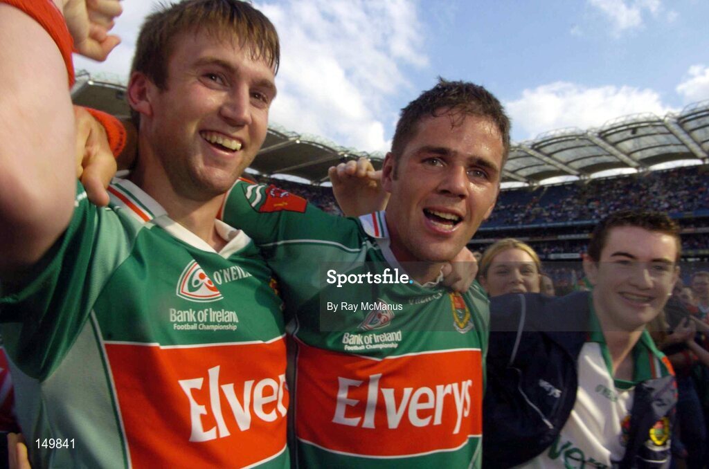7 August 2004; Ronan McGarrity and James Gill, Mayo, celebrate victory over Tyrone. Bank of Ireland All-Ireland Senior Football Championship Quarter Final, Mayo v Tyrone, Croke Park, Dublin. Picture credit; Ray McManus / SPORTSFILE