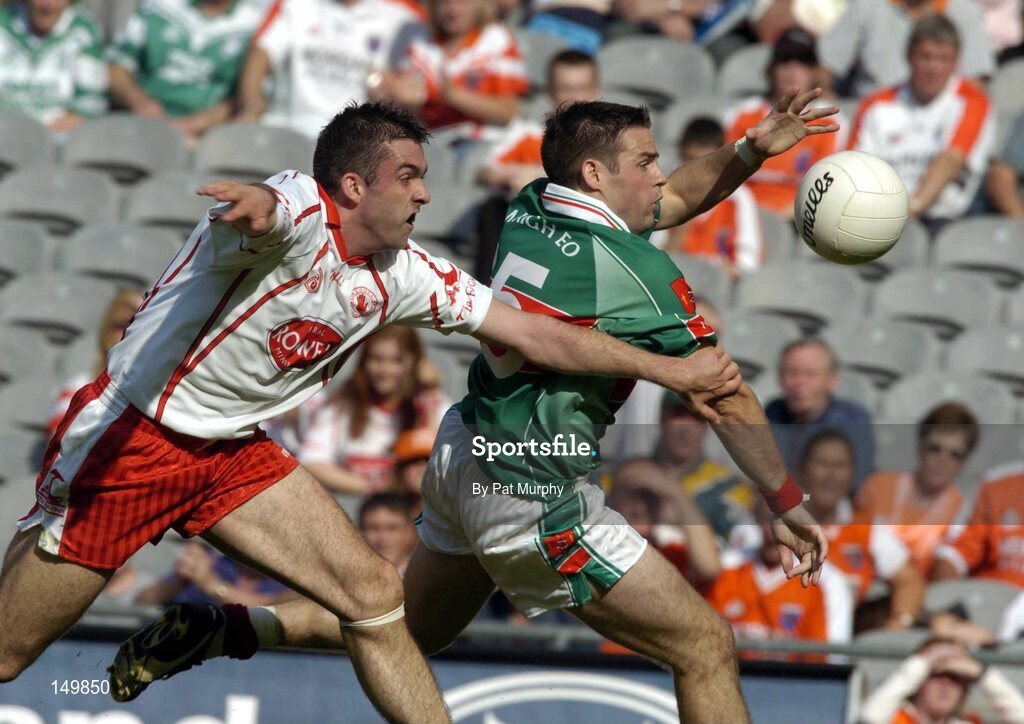 7 August 2004; Brian Maloney, Mayo, in action against Joe McMahon, Tyrone. Bank of Ireland All-Ireland Senior Football Championship Quarter Final, Mayo v Tyrone, Croke Park, Dublin. Picture credit; Pat Murphy / SPORTSFILE