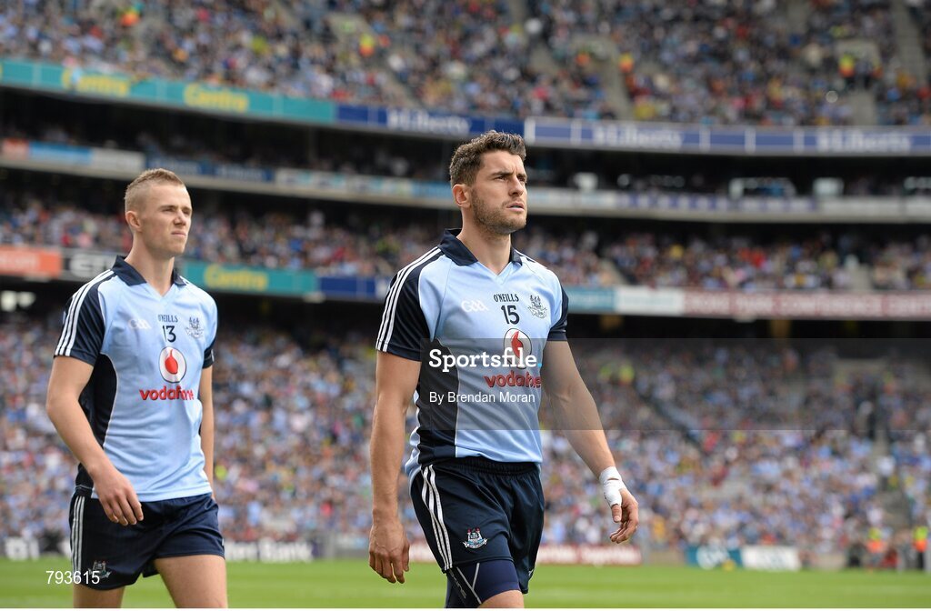 1 September 2013; Dublin forwards Bernard Brogan and Paul Mannion, left, walk in the pre-match parade. GAA Football All-Ireland Senior Championship, Semi-Final, Dublin v Kerry, Croke Park, Dublin. Picture credit: Brendan Moran / SPORTSFILE