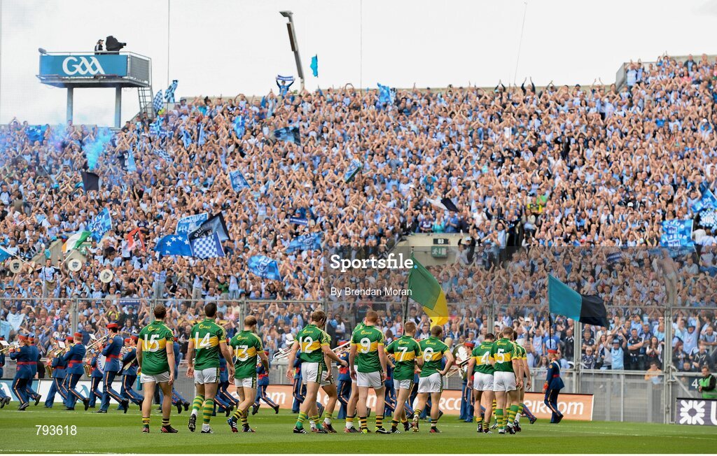1 September 2013; The Kerry team walk in front of Hill 16 during the pre-match parade. GAA Football All-Ireland Senior Championship, Semi-Final, Dublin v Kerry, Croke Park, Dublin. Picture credit: Brendan Moran / SPORTSFILE