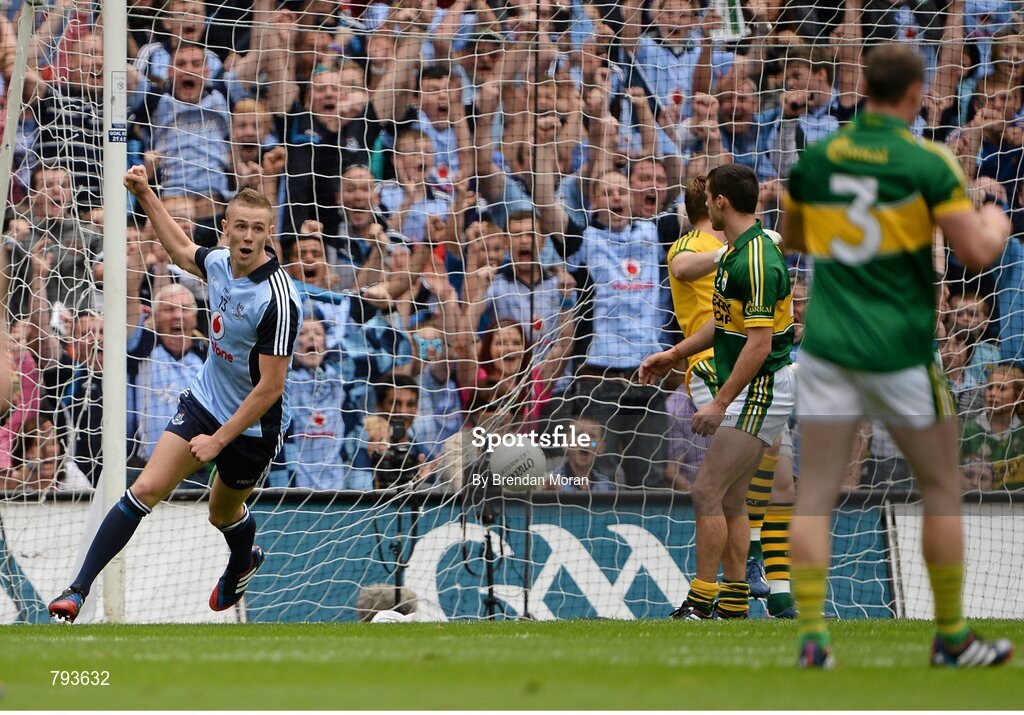 1 September 2013; Paul Mannion, Dublin, celebrates after punching home his side's first goal against Kerry. GAA Football All-Ireland Senior Championship, Semi-Final, Dublin v Kerry, Croke Park, Dublin. Picture credit: Brendan Moran / SPORTSFILE