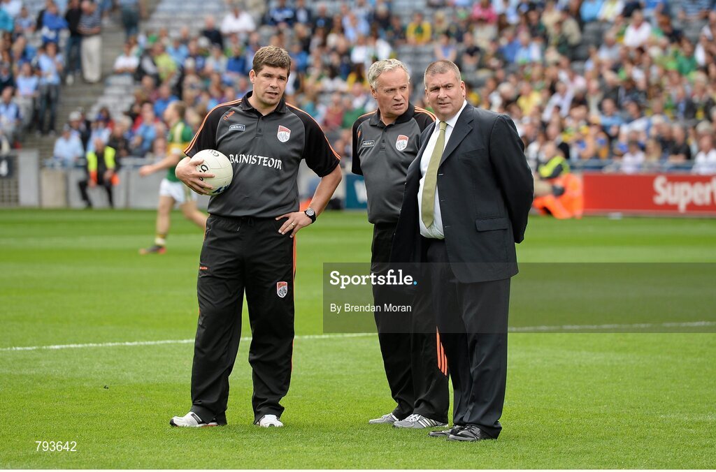 1 September 2013; Kerry manager Eamonn Fitzmaurice with selector Mikey Sheehy and Patrick O'Sullivan, Chairman, Kerry County Board. GAA Football All-Ireland Senior Championship, Semi-Final, Dublin v Kerry, Croke Park, Dublin. Picture credit: Brendan Moran / SPORTSFILE