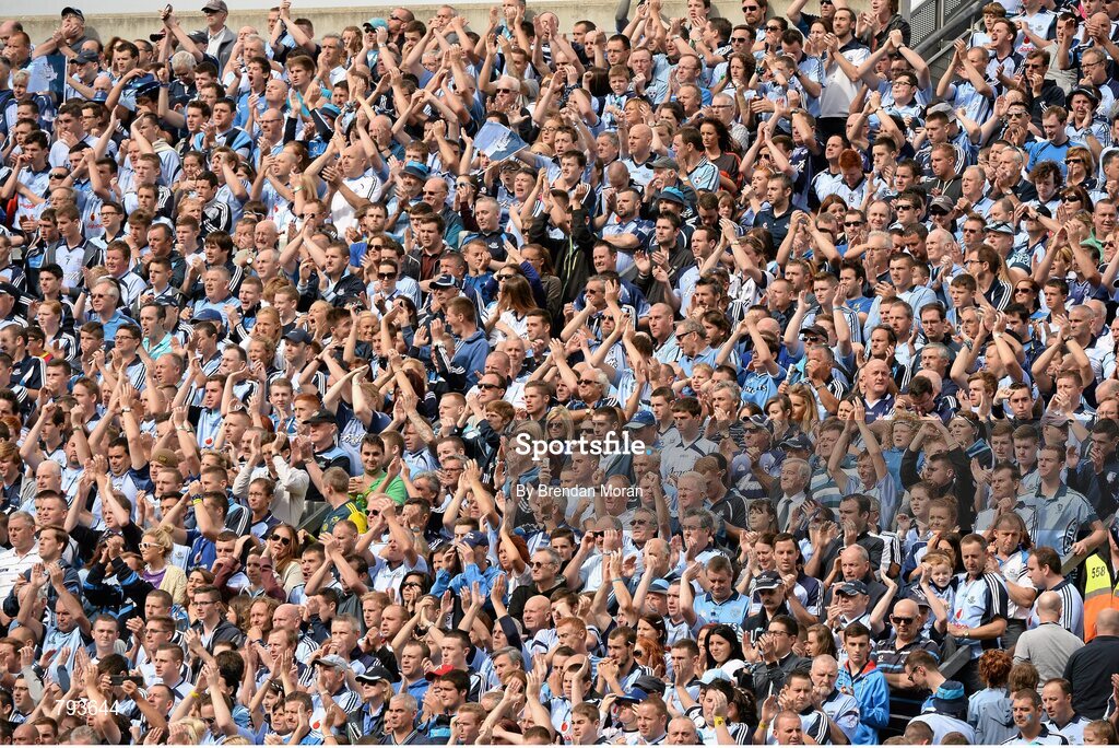 1 September 2013; Dublin supporters on Hill 16 cheer on their side. GAA Football All-Ireland Senior Championship, Semi-Final, Dublin v Kerry, Croke Park, Dublin. Picture credit: Brendan Moran / SPORTSFILE