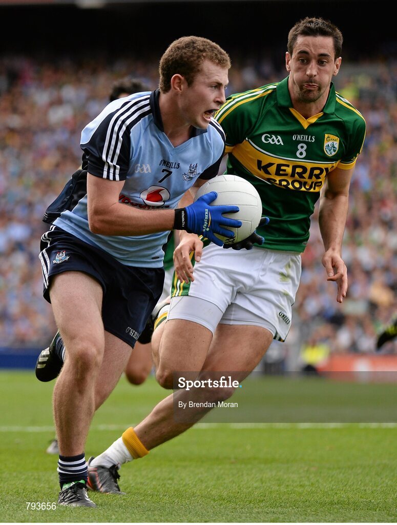 1 September 2013; Jack McCaffrey, Dublin, in action against Anthony Maher, Kerry. GAA Football All-Ireland Senior Championship, Semi-Final, Dublin v Kerry, Croke Park, Dublin. Picture credit: Brendan Moran / SPORTSFILE
