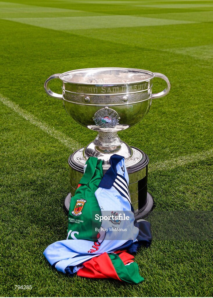 20 September 2013; The Sam Maguire cup with Dublin and Mayo jerseys ahead of the GAA Football All-Ireland Senior Championship Final between Dublin and Mayo on Sunday. Croke Park, Dublin. Picture credit: Ray McManus / SPORTSFILE