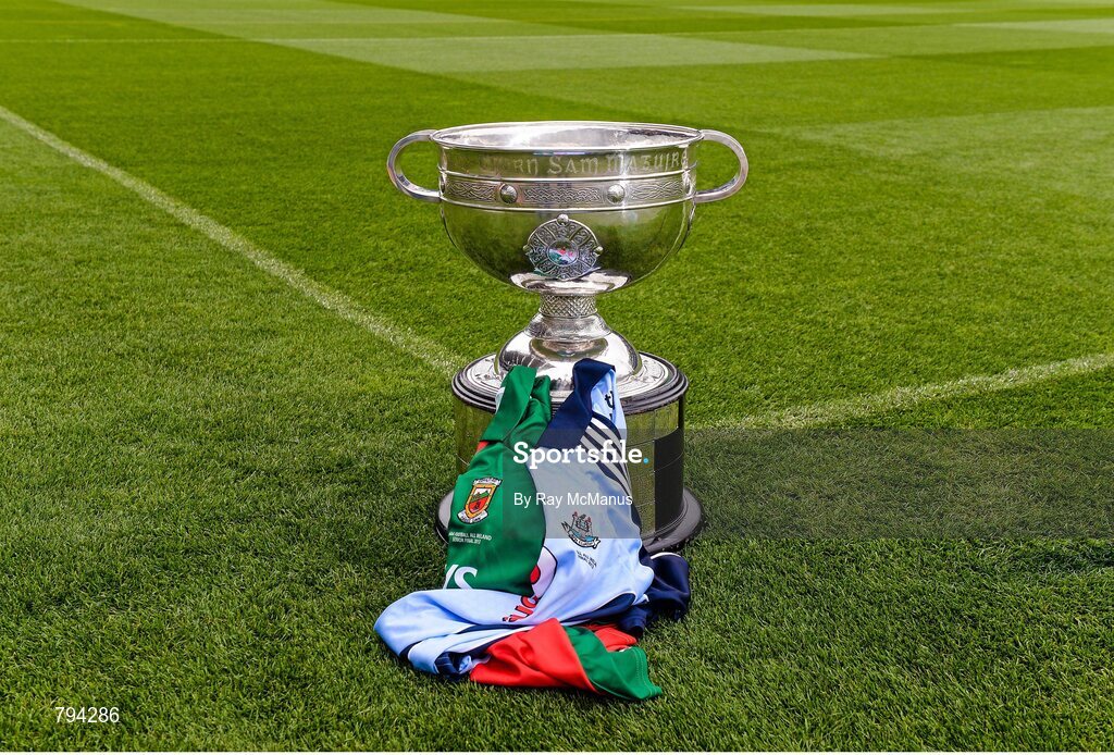 20 September 2013; The Sam Maguire cup with Dublin and Mayo jerseys ahead of the GAA Football All-Ireland Senior Championship Final between Dublin and Mayo on Sunday. Croke Park, Dublin. Picture credit: Ray McManus / SPORTSFILE