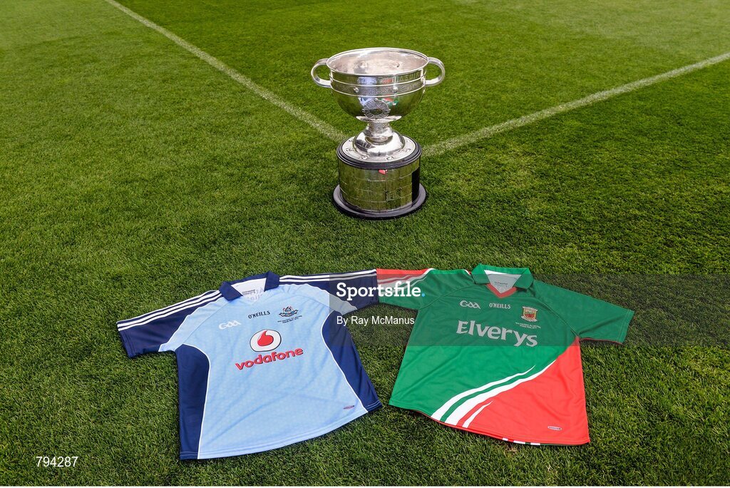 20 September 2013; The Sam Maguire cup with Dublin and Mayo jerseys ahead of the GAA Football All-Ireland Senior Championship Final between Dublin and Mayo on Sunday. Croke Park, Dublin. Picture credit: Ray McManus / SPORTSFILE