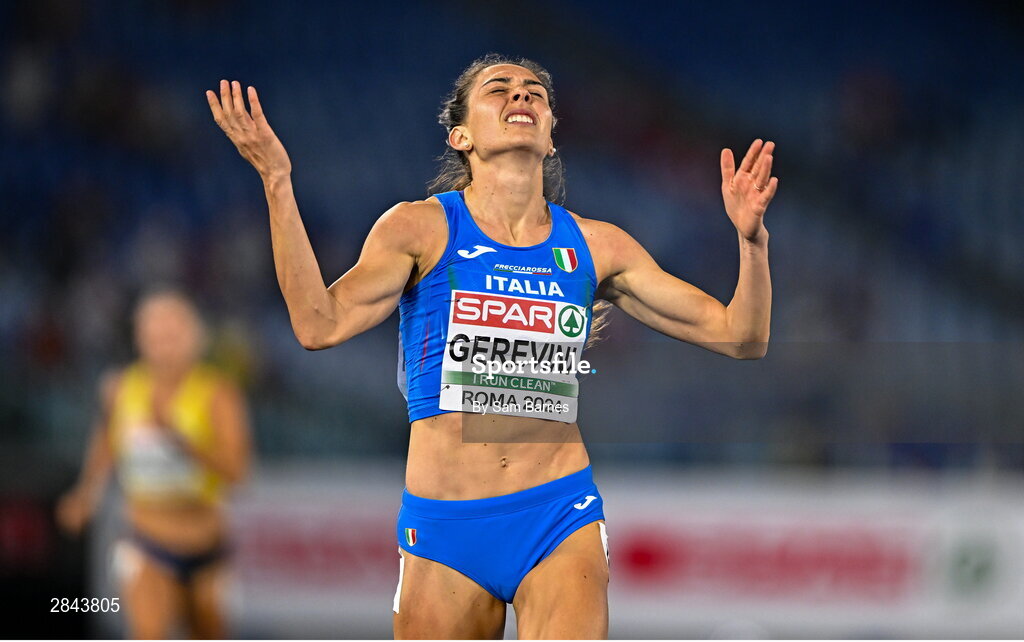 7 June 2024; Sveva Gerevini of Italy reacts after the Women's Heptathlon - 200m during day one of the 2024 European Athletics Championships at the Stadio Olimpico in Rome, Italy. Photo by Sam Barnes/Sportsfile