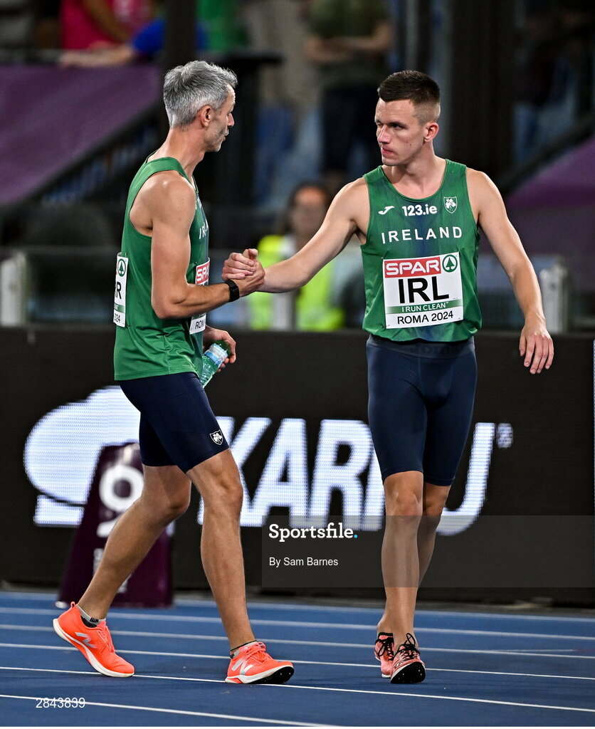 7 June 2024; Chris O'Donnell, right, and Thomas Barr of Ireland before competing in the Mixed 4x400m Relay final during day one of the 2024 European Athletics Championships at the Stadio Olimpico in Rome, Italy. Photo by Sam Barnes/Sportsfile