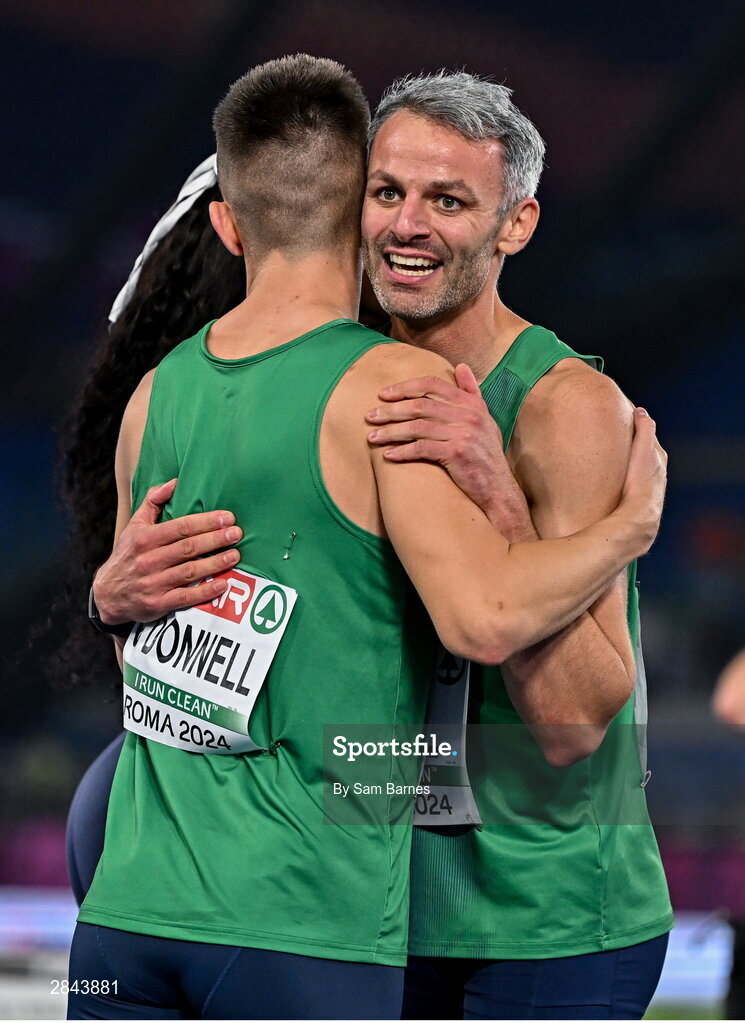 7 June 2024; Thomas Barr, right, and Chris O'Donnell of Ireland celebrate after winning the Mixed 4x400m Relay final during day one of the 2024 European Athletics Championships at the Stadio Olimpico in Rome, Italy. Photo by Sam Barnes/Sportsfile