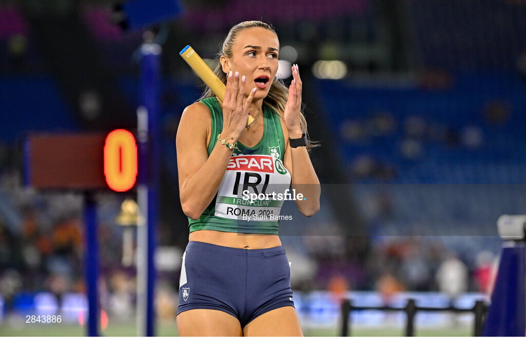 7 June 2024; Sharlene Mawdsley of Ireland reacts after winning the Mixed 4x400m Relay final during day one of the 2024 European Athletics Championships at the Stadio Olimpico in Rome, Italy. Photo by Sam Barnes/Sportsfile