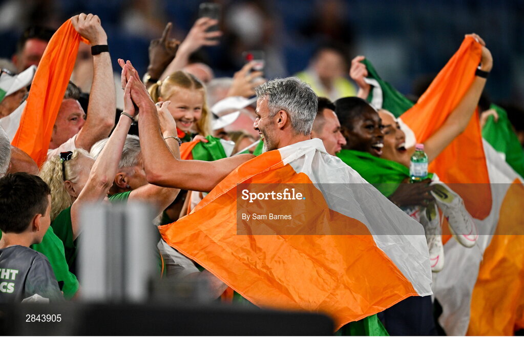 7 June 2024; Thomas Barr of Ireland celebrate with Ireland supporters after winning the Mixed 4x400m Relay final during day one of the 2024 European Athletics Championships at the Stadio Olimpico in Rome, Italy. Photo by Sam Barnes/Sportsfile