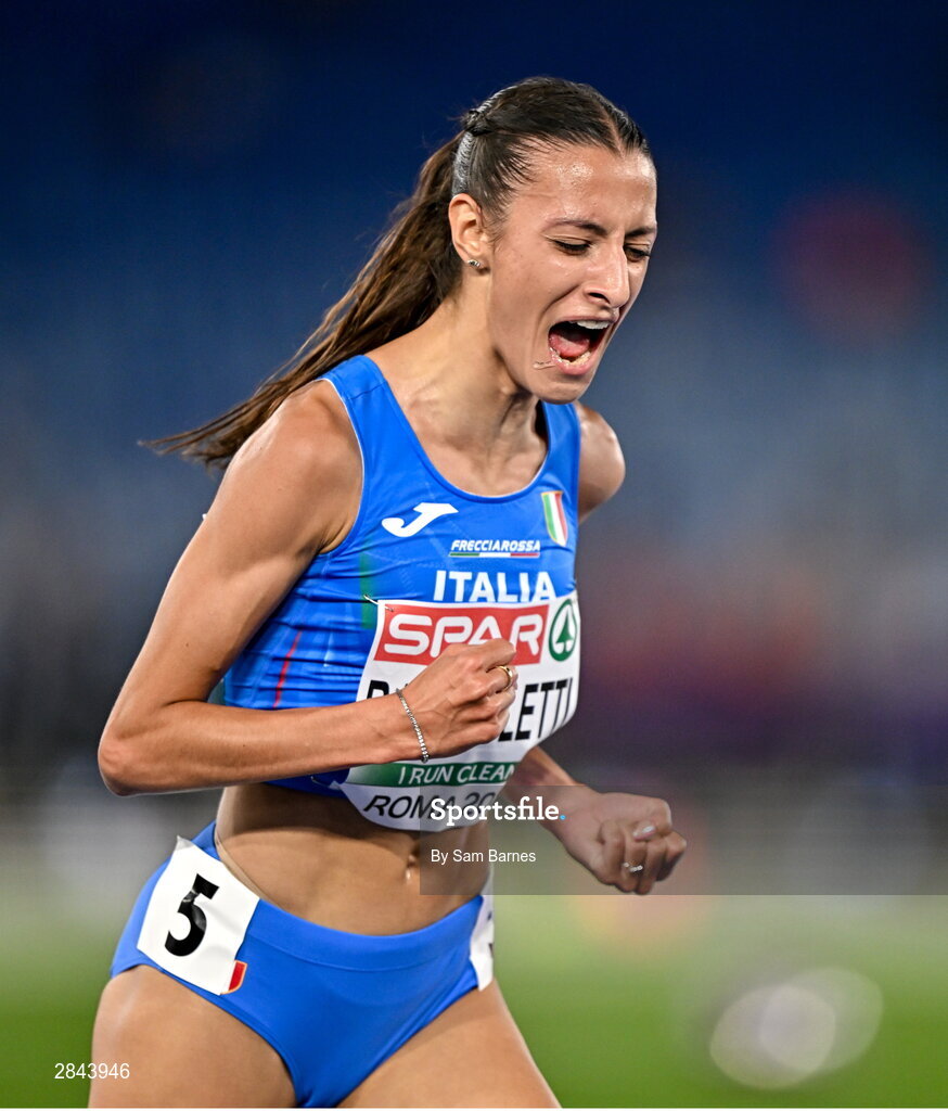 7 June 2024; Nadia Battocletti of Italy celebrates after winning the Women's 5000m final during day one of the 2024 European Athletics Championships at the Stadio Olimpico in Rome, Italy. Photo by Sam Barnes/Sportsfile