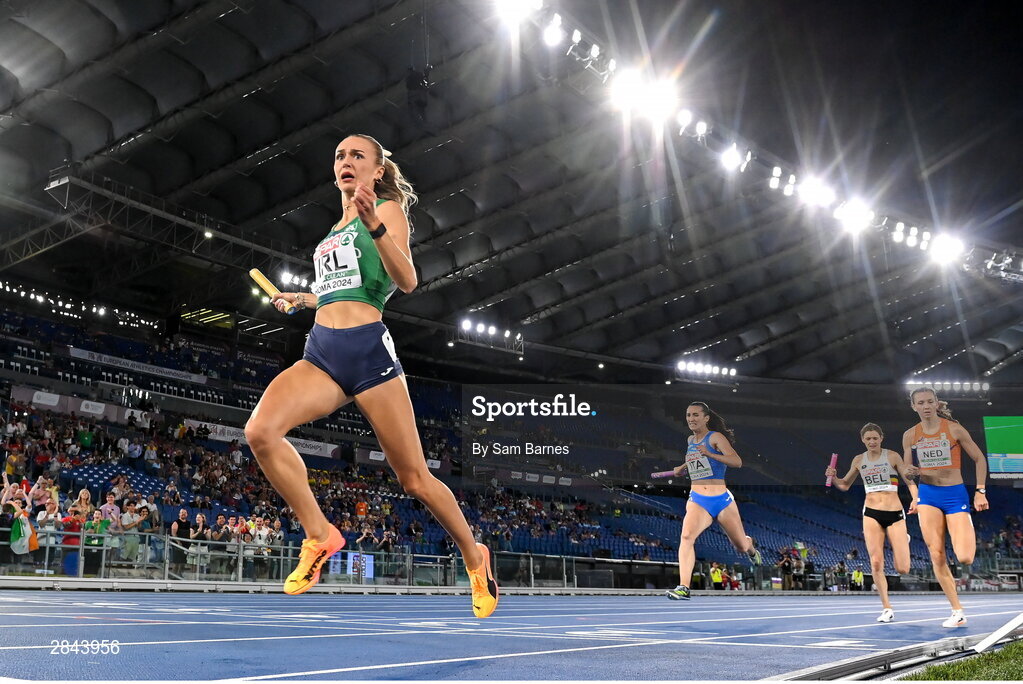 7 June 2024; Sharlene Mawdsley of Ireland reacts after winning the Mixed 4x400m Relay final during day one of the 2024 European Athletics Championships at the Stadio Olimpico in Rome, Italy. Photo by Sam Barnes/Sportsfile
