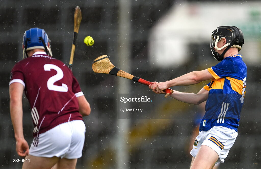 15 June 2024; Cillian Minogue of Tipperary scores a point during the Electric Ireland GAA Hurling All-Ireland Minor Hurling Championship semi-final match between Tipperary and Galway at TUS Gaelic Grounds in Limerick. Photo by Tom Beary/Sportsfile