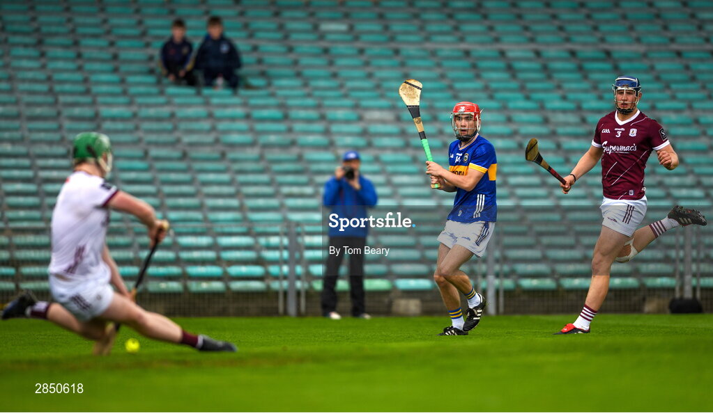 15 June 2024; Stefan Tobin of Tipperary has a shot at goal saved by Galway goalkeeper Seán Kelly during the Electric Ireland GAA Hurling All-Ireland Minor Hurling Championship semi-final match between Tipperary and Galway at TUS Gaelic Grounds in Limerick. Photo by Tom Beary/Sportsfile