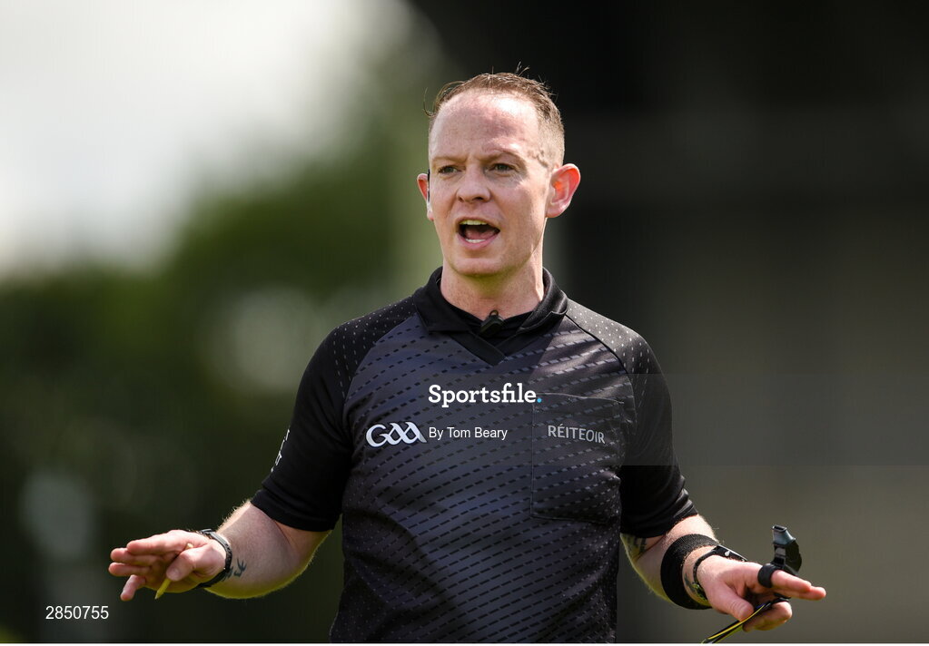 15 June 2024; Referee Chris Mooney during the Electric Ireland GAA Hurling All-Ireland Minor Hurling Championship semi-final match between Tipperary and Galway at TUS Gaelic Grounds in Limerick. Photo by Tom Beary/Sportsfile