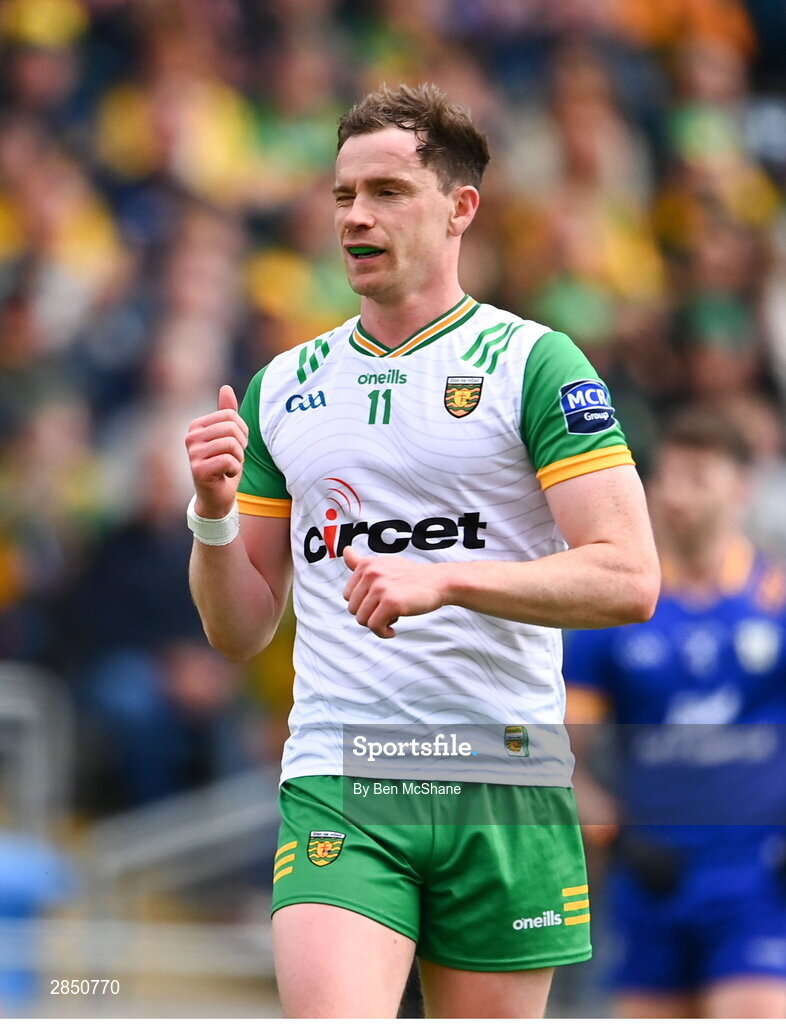 15 June 2024; Ciaran Thompson of Donegal celebrates a score during the GAA Football All-Ireland Senior Championship Round 3 match between Clare and Donegal at Hastings Insurance MacHale Park in Castlebar, Mayo. Photo by Ben McShane/Sportsfile