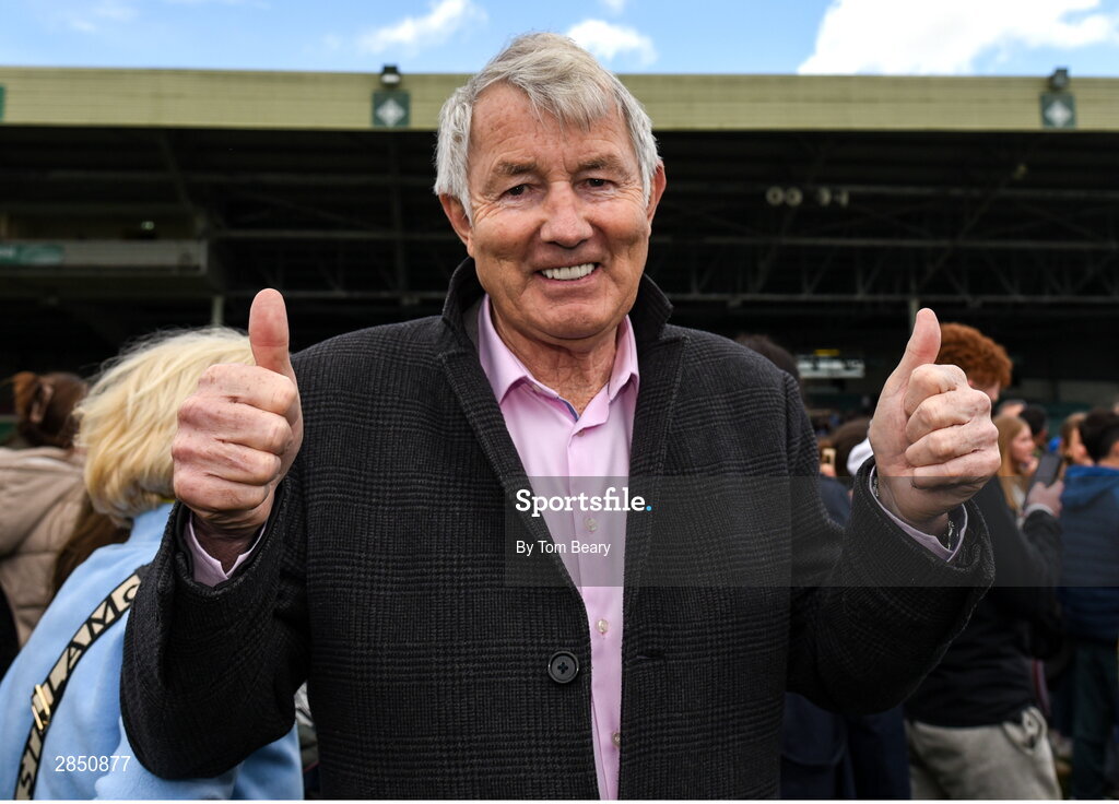 15 June 2024; Politician and Tipperary supporter Michael Lowry TD celebrates after the Electric Ireland GAA Hurling All-Ireland Minor Hurling Championship semi-final match between Tipperary and Galway at TUS Gaelic Grounds in Limerick. Photo by Tom Beary/Sportsfile