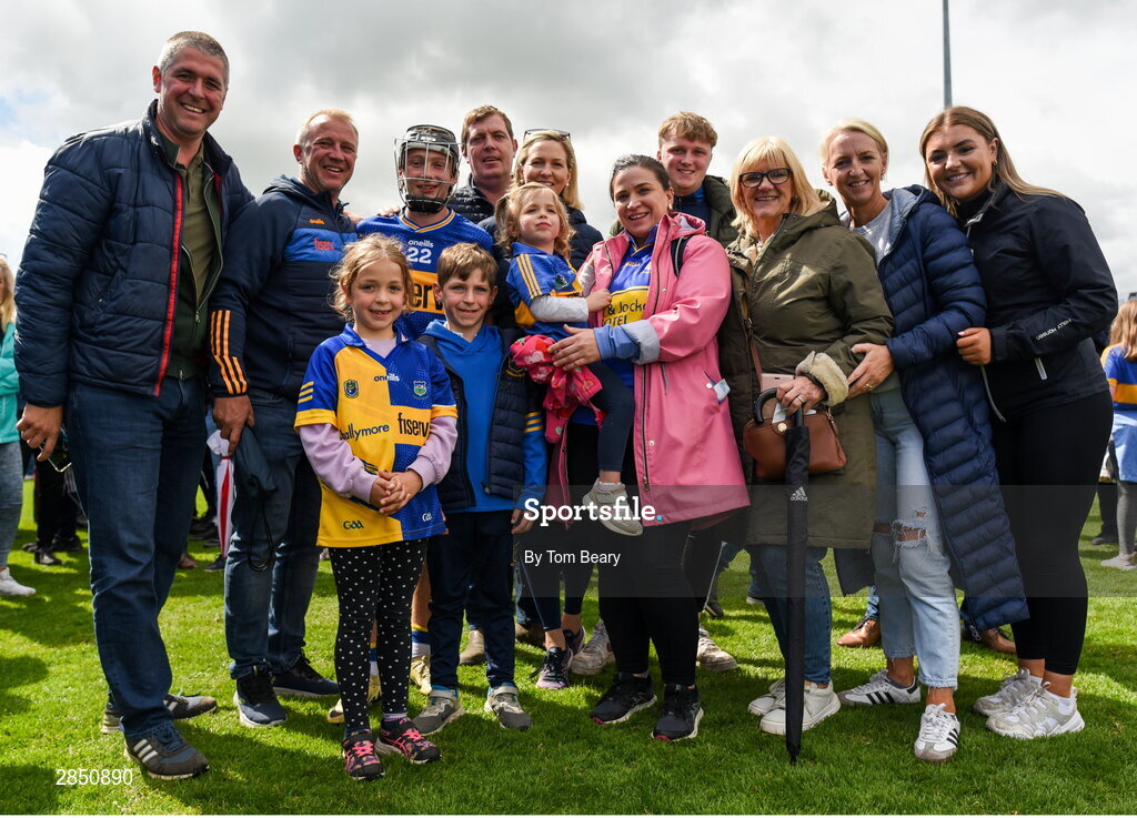 15 June 2024; Austin Duff of Tipperary celebrates with friends and family after the Electric Ireland GAA Hurling All-Ireland Minor Hurling Championship semi-final match between Tipperary and Galway at TUS Gaelic Grounds in Limerick. Photo by Tom Beary/Sportsfile