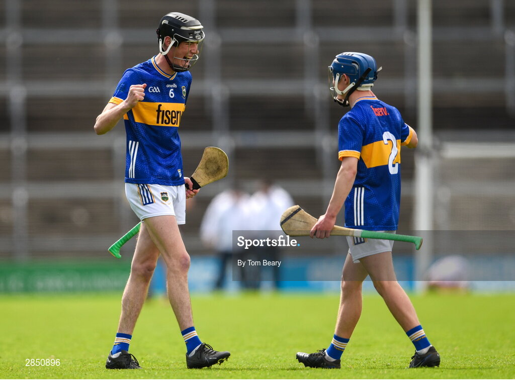 15 June 2024; Owen O'Dwyer, left, celebrates at the final whistle with his Tipperary teammate Shane Ryan after the Electric Ireland GAA Hurling All-Ireland Minor Hurling Championship semi-final match between Tipperary and Galway at TUS Gaelic Grounds in Limerick. Photo by Tom Beary/Sportsfile