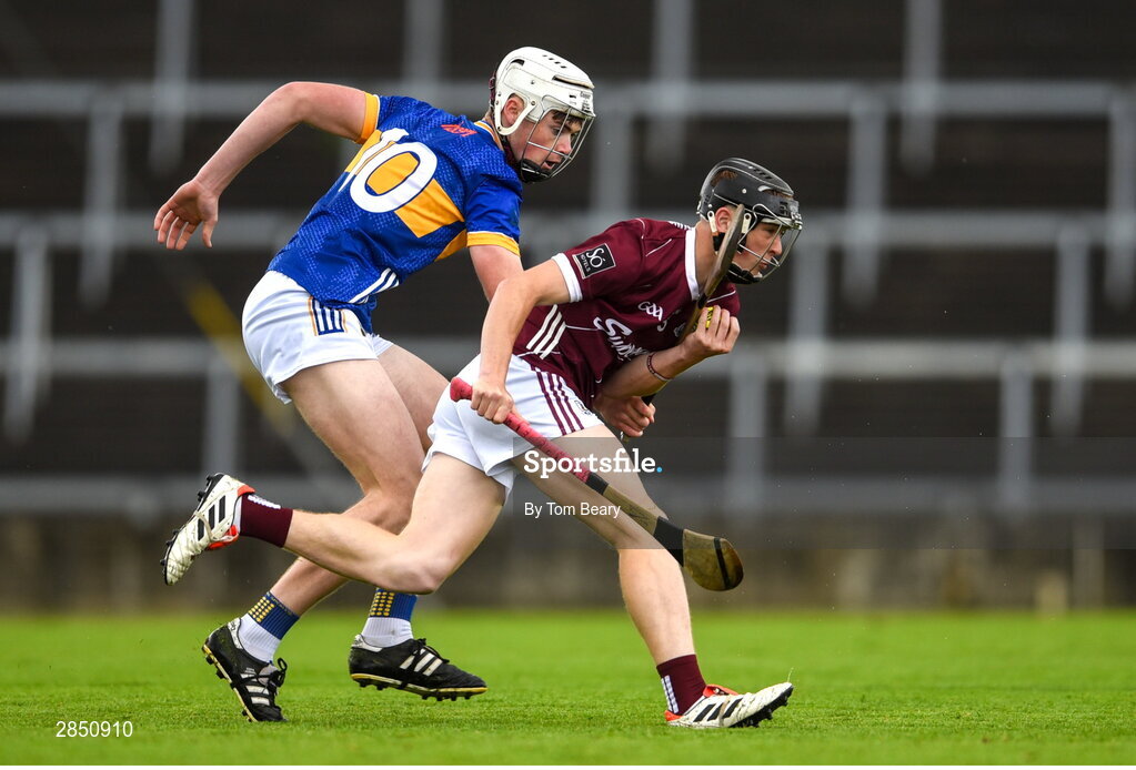 15 June 2024; Rhys O'Connor of Galway is tackled by Adam Ryan of Tipperary during the Electric Ireland GAA Hurling All-Ireland Minor Hurling Championship semi-final match between Tipperary and Galway at TUS Gaelic Grounds in Limerick. Photo by Tom Beary/Sportsfile