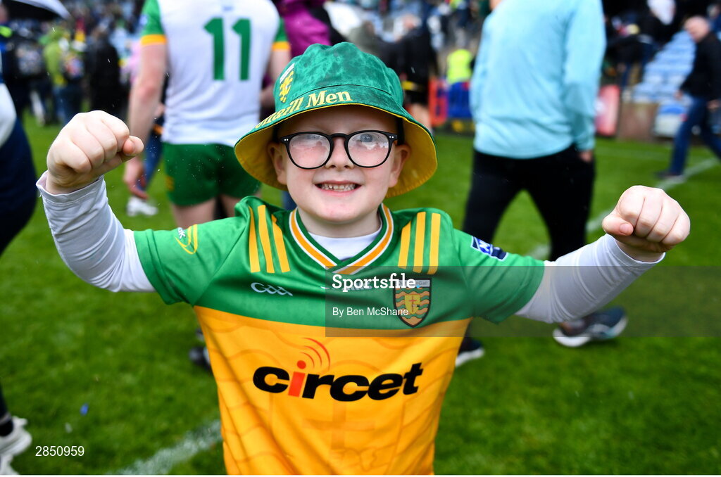 15 June 2024; Donegal supporter Noah O'Leary, age 6, from Ballybofey, Donegal, celebrates after his side's victory in the GAA Football All-Ireland Senior Championship Round 3 match between Clare and Donegal at Hastings Insurance MacHale Park in Castlebar, Mayo. Photo by Ben McShane/Sportsfile