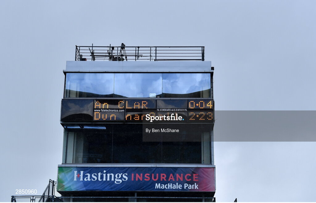 15 June 2024; A general view of the scoreboard after the GAA Football All-Ireland Senior Championship Round 3 match between Clare and Donegal at Hastings Insurance MacHale Park in Castlebar, Mayo. Photo by Ben McShane/Sportsfile