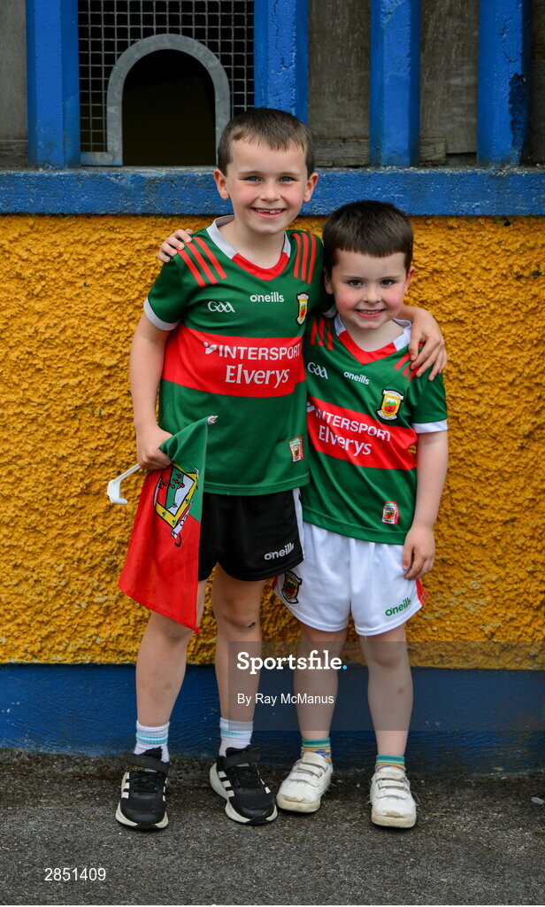 16 June 2024; Mayo supporters James Gilbert, seven years, and his brother Harry, 5, from Belmullet, before the GAA Football All-Ireland Senior Championship Round 3 match between Dublin and Mayo at Dr Hyde Park in Roscommon. Photo by Ray McManus/Sportsfile