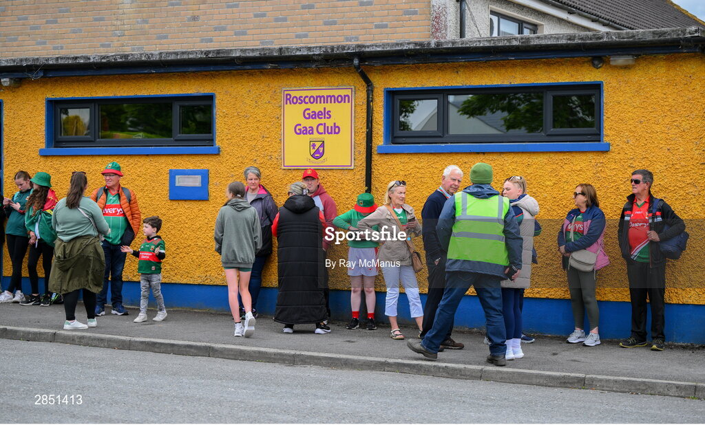 16 June 2024; Mayo and Dublin supporters wait for the turnstiles to open before the GAA Football All-Ireland Senior Championship Round 3 match between Dublin and Mayo at Dr Hyde Park in Roscommon. Photo by Ray McManus/Sportsfile