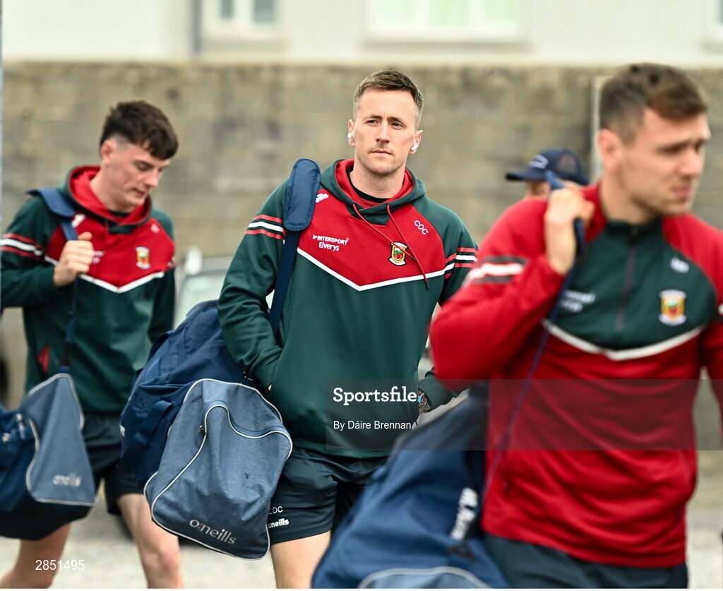 16 June 2024; Cillian O'Connor of Mayo arrives ahead of the GAA Football All-Ireland Senior Championship Round 3 match between Dublin and Mayo at Dr Hyde Park in Roscommon. Photo by Daire Brennan/Sportsfile