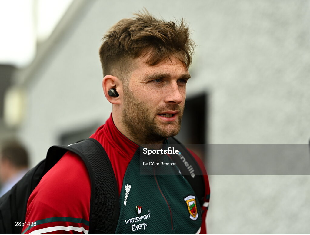 16 June 2024; Aidan O'Shea of Mayo arrives ahead of the GAA Football All-Ireland Senior Championship Round 3 match between Dublin and Mayo at Dr Hyde Park in Roscommon. Photo by Daire Brennan/Sportsfile