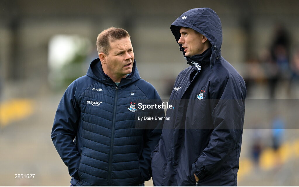 16 June 2024; Dublin manager Dessie Farrell talks to Michael Fitzsimons ahead of the GAA Football All-Ireland Senior Championship Round 3 match between Dublin and Mayo at Dr Hyde Park in Roscommon. Photo by Daire Brennan/Sportsfile