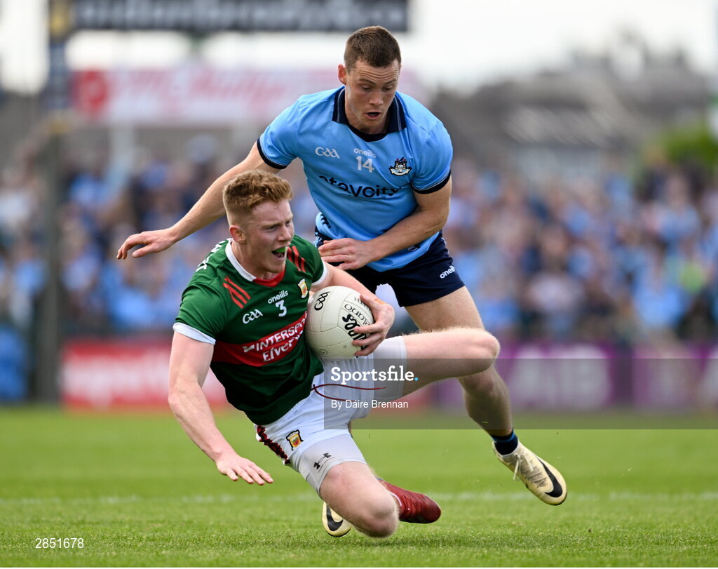16 June 2024; David McBrien of Mayo in action against Con O'Callaghan of Dublin during the GAA Football All-Ireland Senior Championship Round 3 match between Dublin and Mayo at Dr Hyde Park in Roscommon. Photo by Daire Brennan/Sportsfile