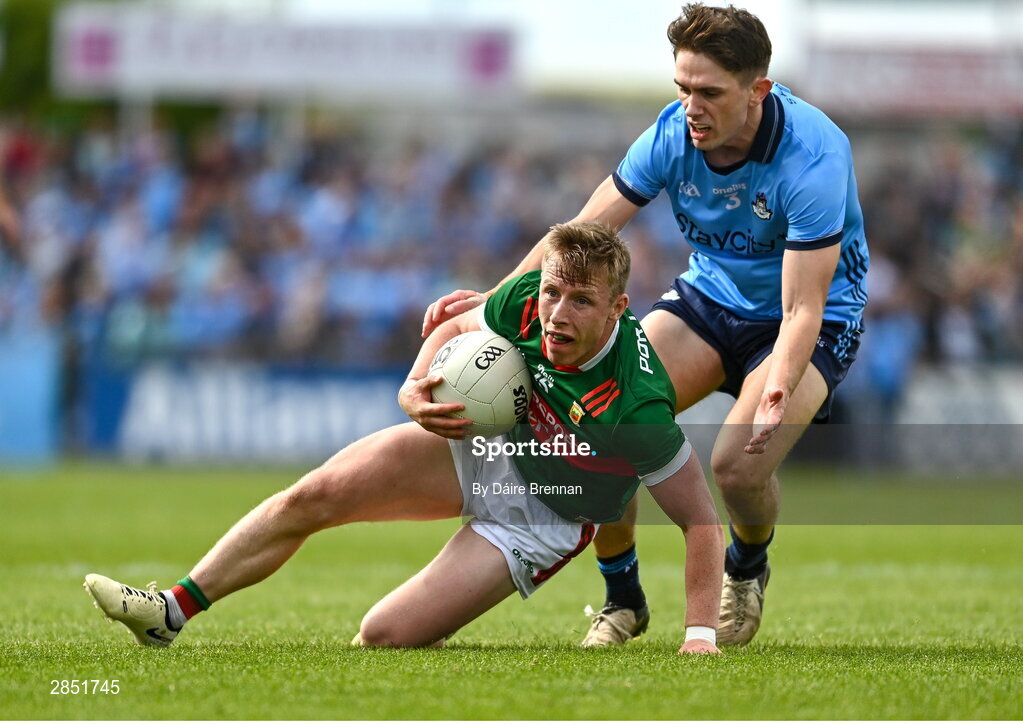 16 June 2024; Ryan O'Donoghue of Mayo in action against Michael Fitzsimons of Dublin during the GAA Football All-Ireland Senior Championship Round 3 match between Dublin and Mayo at Dr Hyde Park in Roscommon. Photo by Daire Brennan/Sportsfile