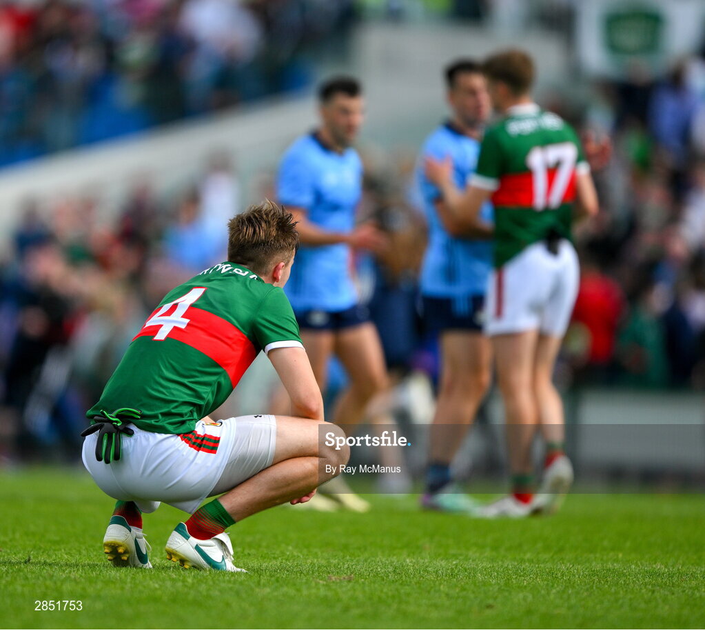 16 June 2024; Donnacha McHugh of Mayo ponders what might have been as other players shake hands after the GAA Football All-Ireland Senior Championship Round 3 match between Dublin and Mayo at Dr Hyde Park in Roscommon. Photo by Ray McManus/Sportsfile