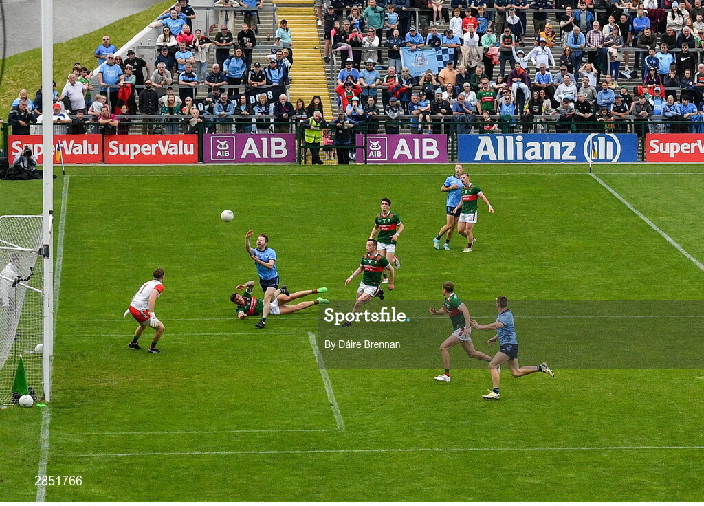16 June 2024; Jack McCaffrey of Dublin scores a point during the GAA Football All-Ireland Senior Championship Round 3 match between Dublin and Mayo at Dr Hyde Park in Roscommon. Photo by Daire Brennan/Sportsfile