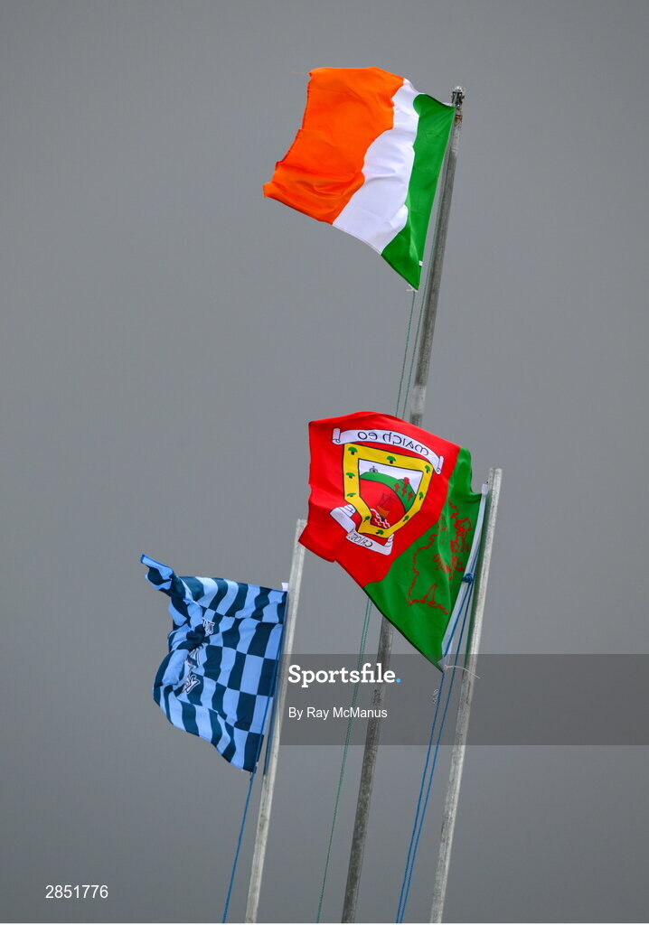 16 June 2024; The Tricolour, Mayo and Dublin flags flutter in the wind during the GAA Football All-Ireland Senior Championship Round 3 match between Dublin and Mayo at Dr Hyde Park in Roscommon. Photo by Ray McManus/Sportsfile