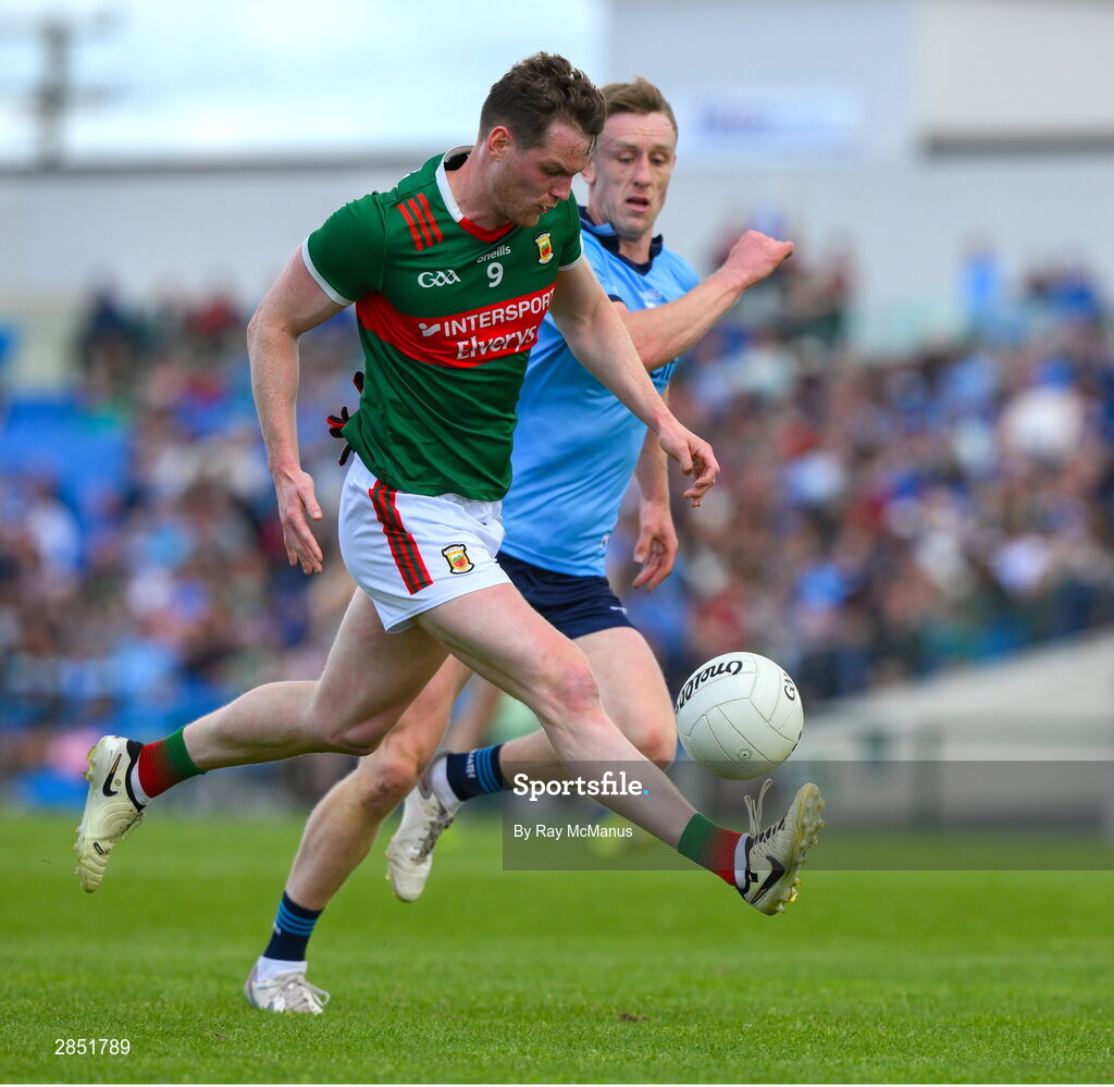 16 June 2024; Matthew Ruane of Mayo in action against Tom Lahiff of Dublin during the GAA Football All-Ireland Senior Championship Round 3 match between Dublin and Mayo at Dr Hyde Park in Roscommon. Photo by Ray McManus/Sportsfile