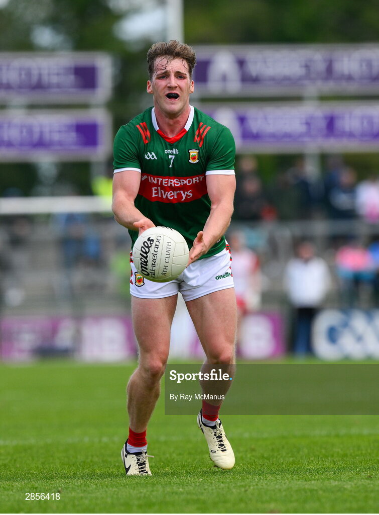 16 June 2024; Eoghan McLaughlin of Mayo during the GAA Football All-Ireland Senior Championship Round 3 match between Dublin and Mayo at Dr Hyde Park in Roscommon. Photo by Ray McManus/Sportsfile