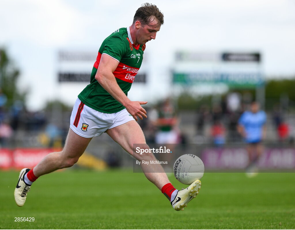 16 June 2024; Eoghan McLaughlin of Mayo during the GAA Football All-Ireland Senior Championship Round 3 match between Dublin and Mayo at Dr Hyde Park in Roscommon. Photo by Ray McManus/Sportsfile