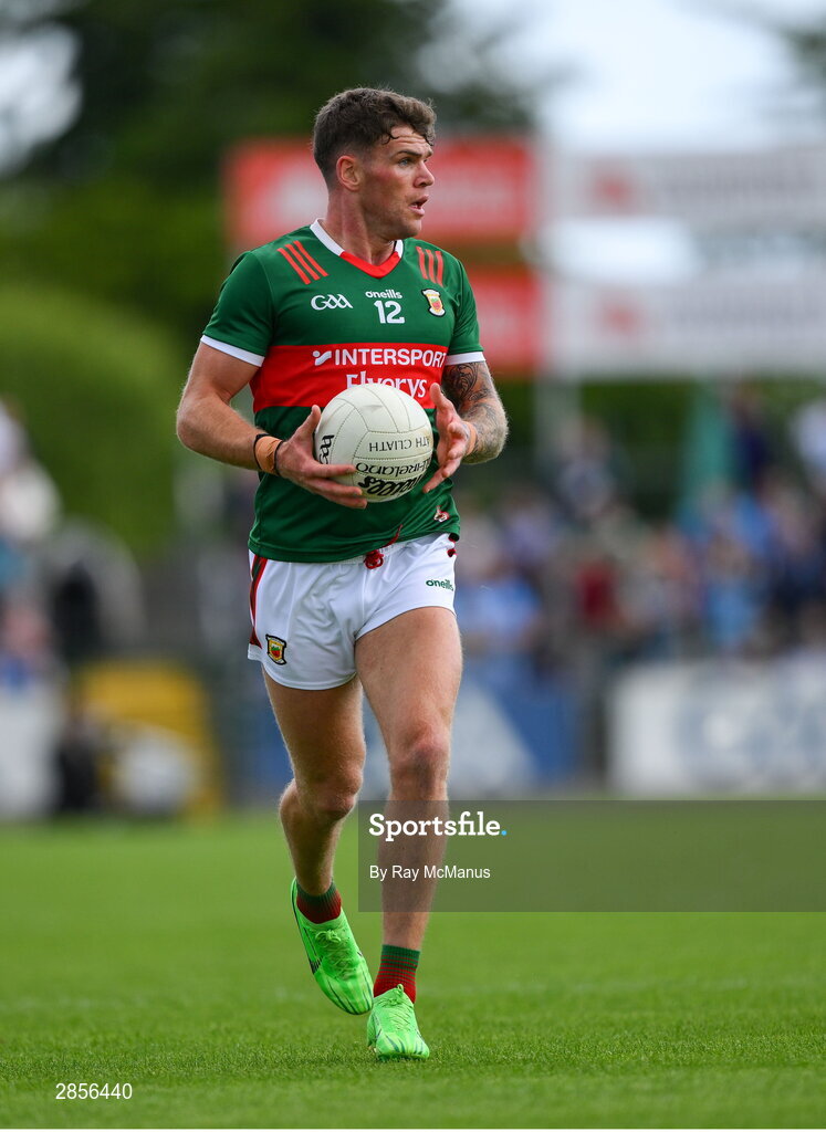 16 June 2024; Jordan Flynn of Mayo during the GAA Football All-Ireland Senior Championship Round 3 match between Dublin and Mayo at Dr Hyde Park in Roscommon. Photo by Ray McManus/Sportsfile